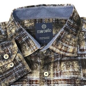 Marcello Mens Large Abstract Plaid Button Down Shirt Brown‎ Blue Long Sleeve